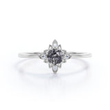 Dainty Solitaire 0.60 Carat Round Cut Druzy Black Rutilated Quartz and Diamond Flower Bezel Promise Ring - Engagement Ring