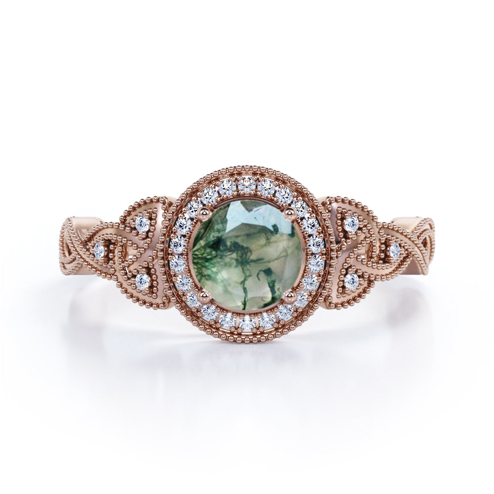 Vintage 1.25 carat Round Moss Agate and Moissanite Milgrain Intertwined Band Engagement ring in White Gold