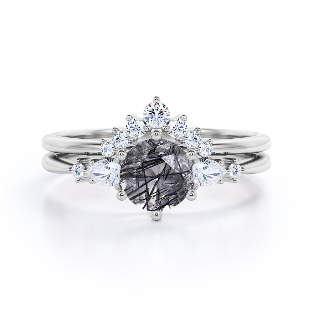 Five Stone 1.35 ct Round Black Rutilated Quartz Chevron Bridal Set