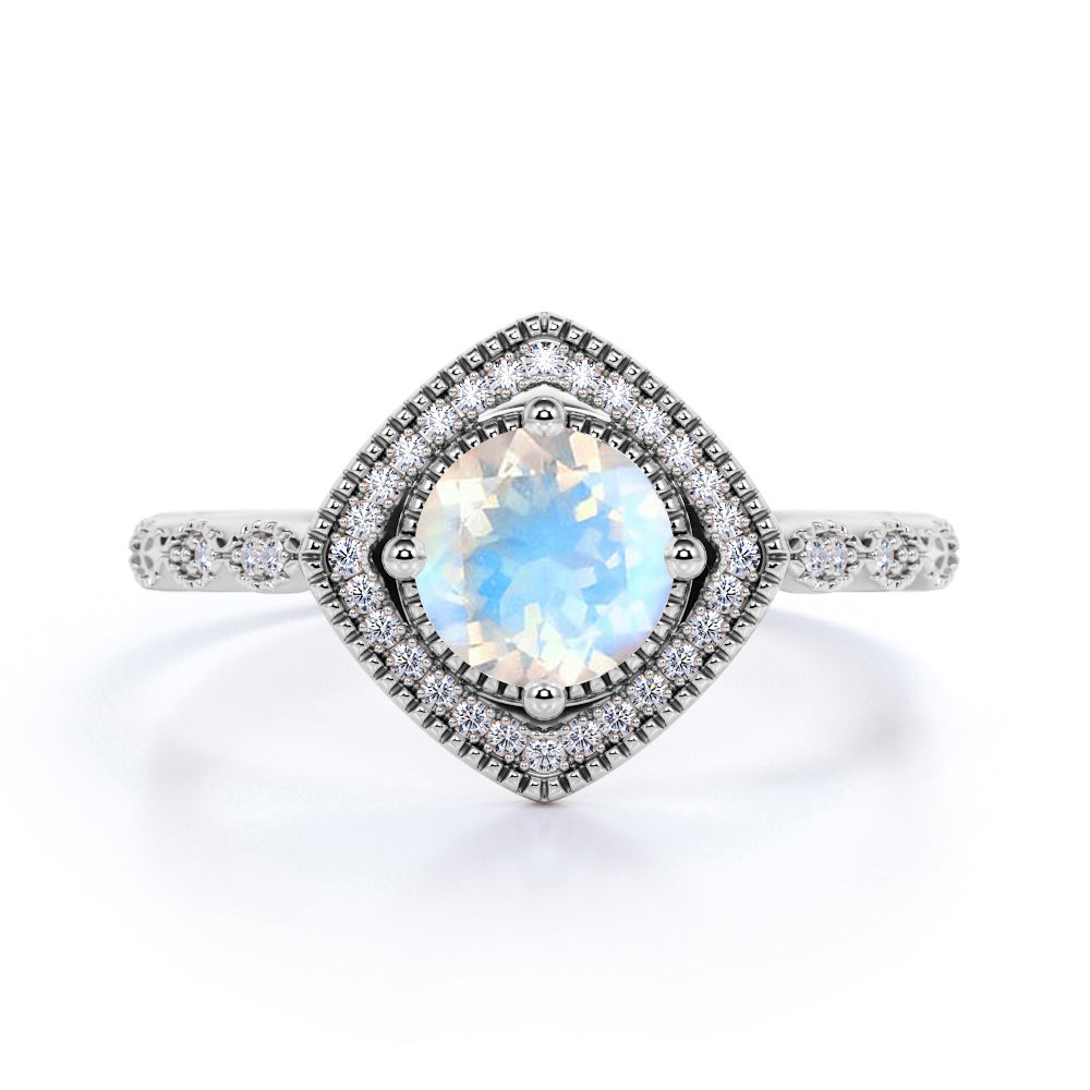 Vintage Art Deco 1.50 Carat Round Blue Moonstone and Diamond Best Engagement Ring in Rose Gold