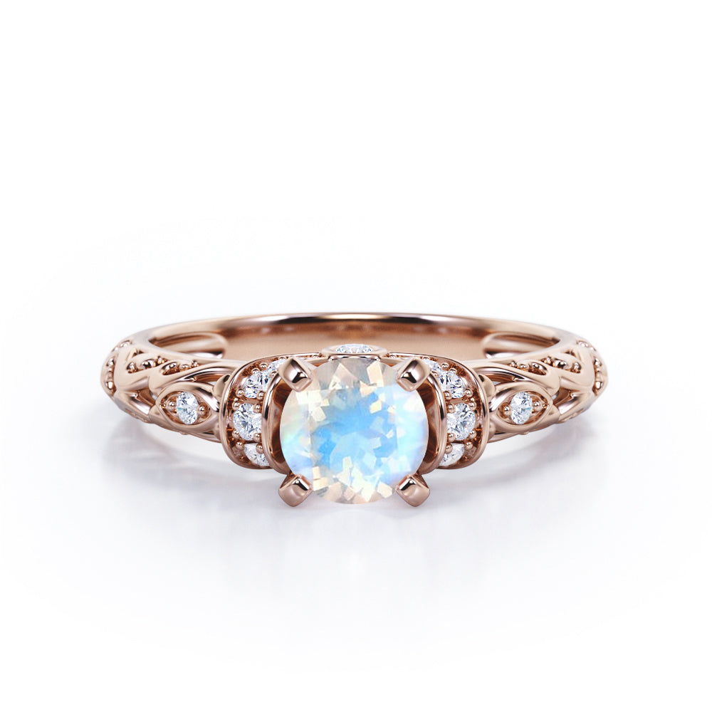 Modern Art Deco 1.15 Carat Round Cut Moonstone And Diamond  Four Prong Engagement Ring In White Gold