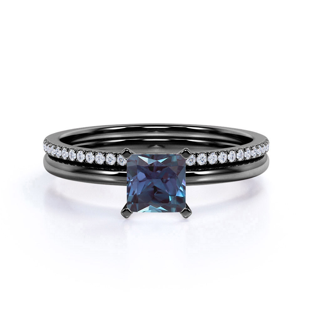 4 Prong Solitaire 1.25 Carat Princess Cut Simulated Alexandrite and Diamond Pave Bridal Set Rings