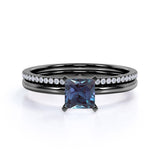 4 Prong Solitaire 1.25 Carat Princess Cut Simulated Alexandrite and Diamond Pave Bridal Set Rings