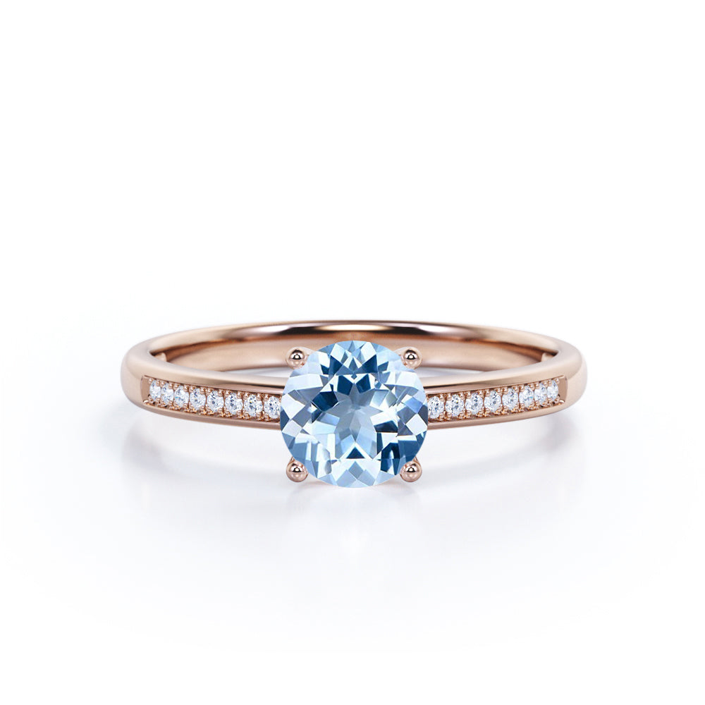 Antique Prong Basket 1.75 Carat Round Cut Blue Aquamarine and Diamond Channel Set Engagement Ring