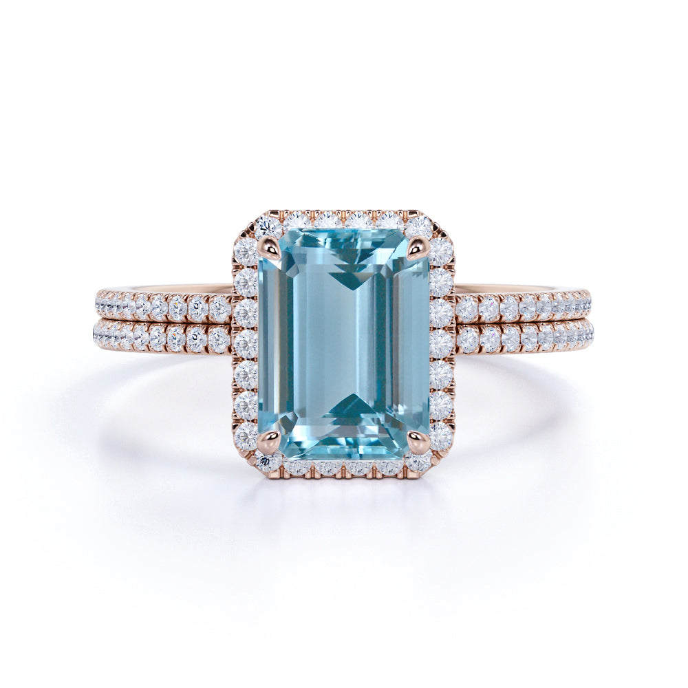 Halo 1.75 ct Emerald Cut Aquamarine Pave Bridal Ring Set