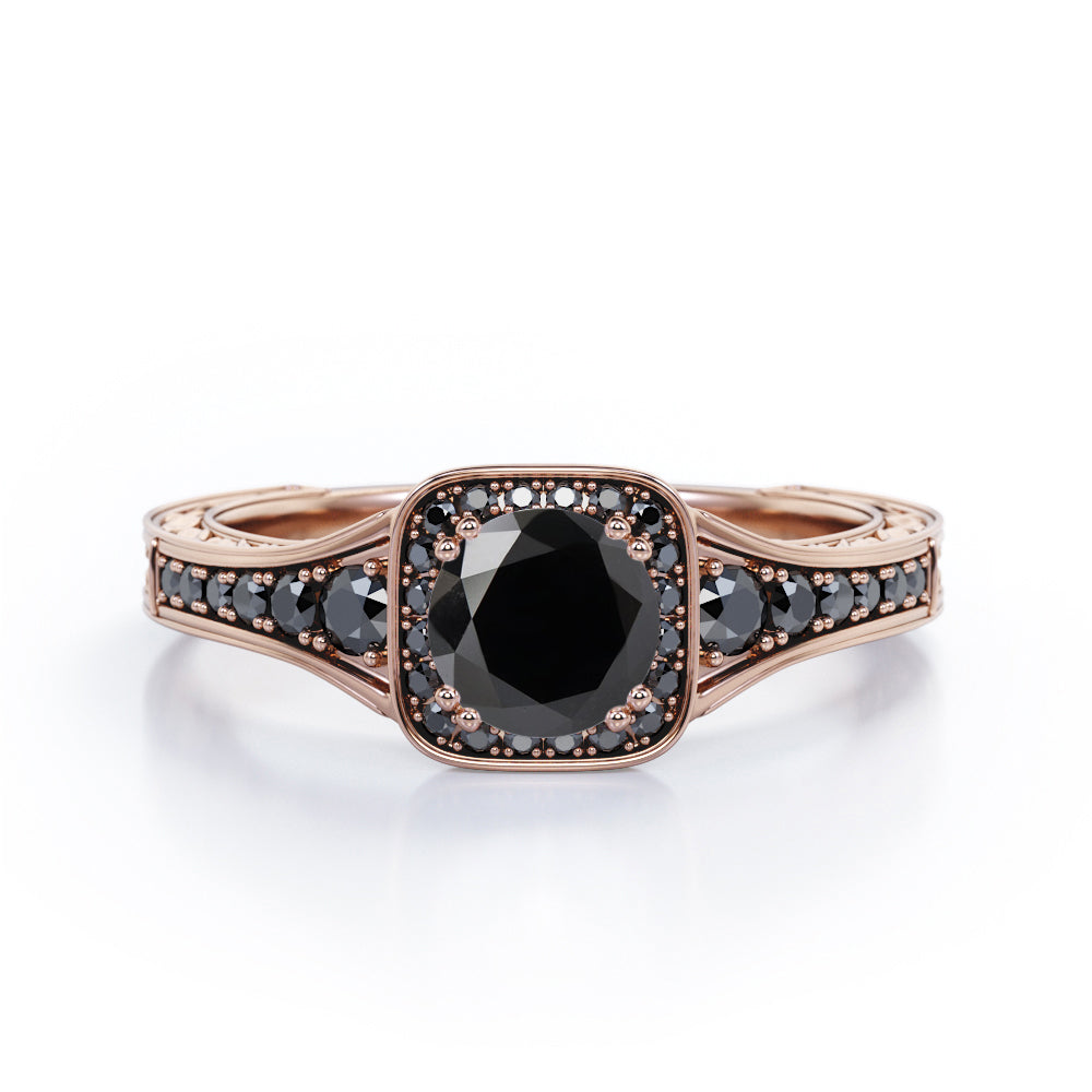 Double Prong Cluster - 1.4 TCW Round Lab Created Black Diamond - Filigree Pave Channel Engagement Ring in White Gold