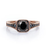 Double Prong Cluster - 1.4 TCW Round Lab Created Black Diamond - Filigree Pave Channel Engagement Ring in White Gold