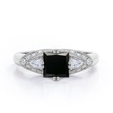 Classic Eight Prongs 1.30 Carat Princess Cut Black Diamond Marquise Framed Vintage Engagement Ring In Rose Gold