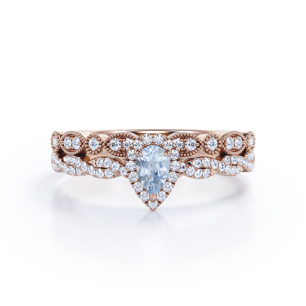 1.25 Carat Pear Cut Aquamarine And Diamond Halo Wedding Ring Set In White Gold