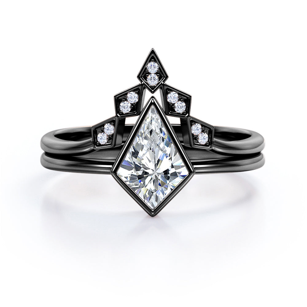 Modern Bezel 1.1 carat Kite Moissanite and Diamond Bridal Set in White Gold