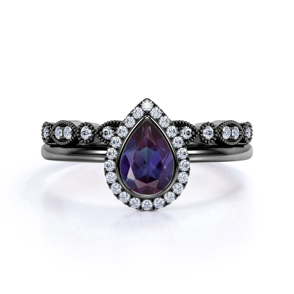 Classic 1.50 Carat Pear Shape Lab Created Alexandrite and Diamond Halo Art Deco Bridal Set Rings