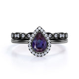 Classic 1.50 Carat Pear Shape Lab Created Alexandrite and Diamond Halo Art Deco Bridal Set Rings