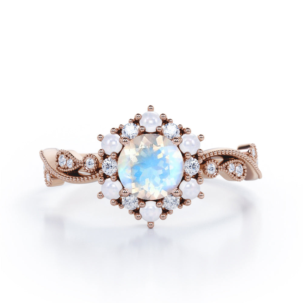 Floral Halo 0.7 carat Round Moonstone and Diamond Engagement Ring in White Gold