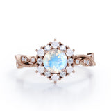Floral Halo 0.7 carat Round Moonstone and Diamond Engagement Ring in White Gold