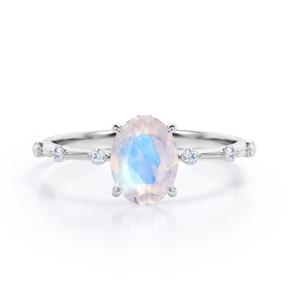 Dainty Twig 0.55 carat Oval Moonstone and Moissanite Engagement Ring in Black Gold