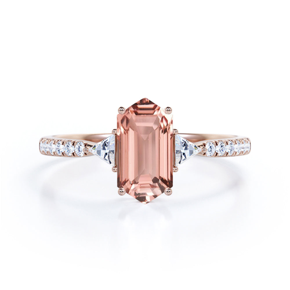 Classic 0.65 carat Hexagon Morganite and Moissanite Pinched Shank Engagement Ring in White Gold