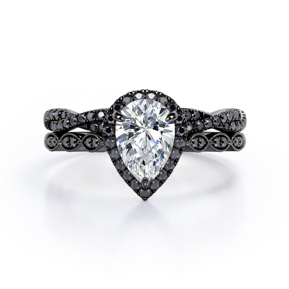 Eternity Crossover 1.75 TCW Pear Shaped Moissanite with Lab Created Black Diamond Halo-Vintage Style Wedding Ring Set in White Gold