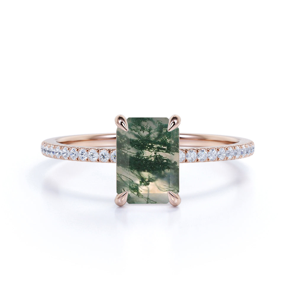 Pave 1.50 Carat Emerald Cut Moss Agate Engagement Ring