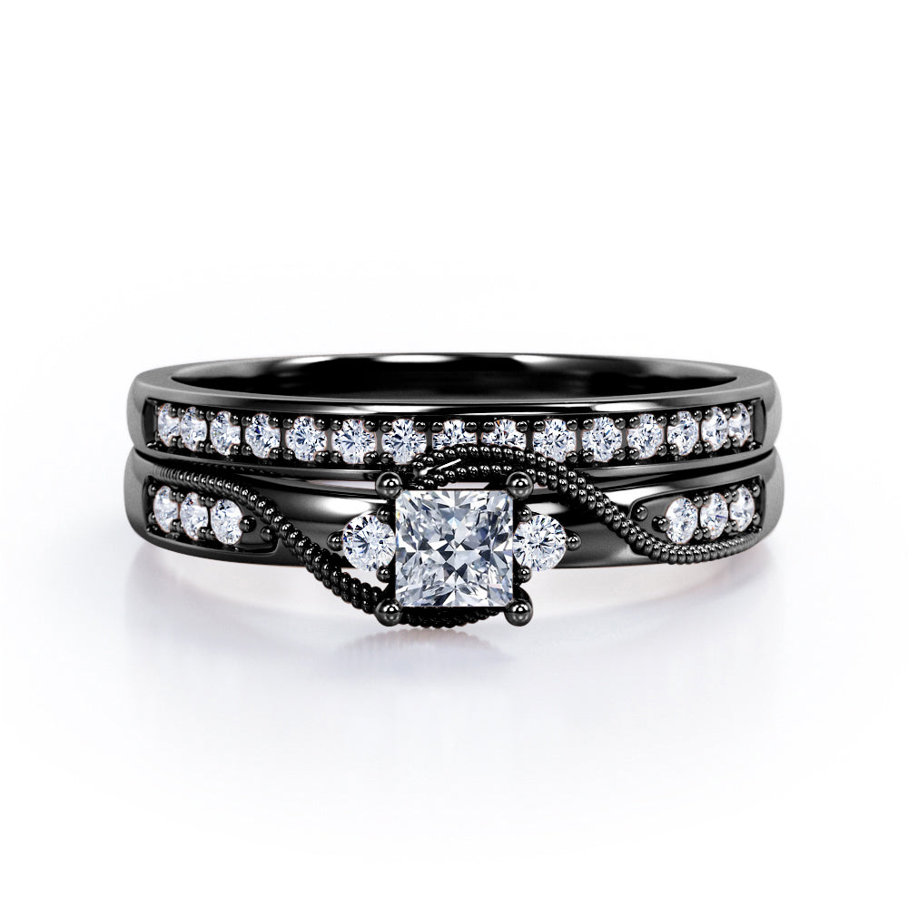 Trilogy Milgrain Tension  0.45 TCW Princess Cut Diamond Pave-Channel Bridal Set in 10K White Gold