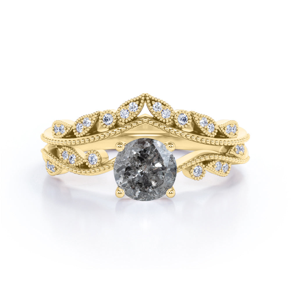 Milgrain 0.75 Ct Round Salt and Pepper Diamond Bridal Set