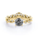 Milgrain 0.75 Ct Round Salt and Pepper Diamond Bridal Set