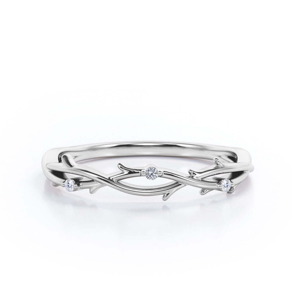 3-Stone Crossover Twig - 0.10 TCW Round Shape Diamond - Inspired by Nature Wedding Band - Rose Gold