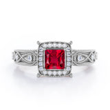 Designer Beaded 1.35 Carat Princess Cut  Lab Ruby And Diamond Halo Engagement Ring In White Gold
