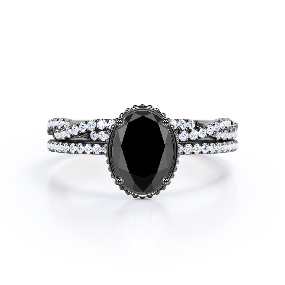 1.50 carat oval cut Black Diamond infinity bridal set in white gold