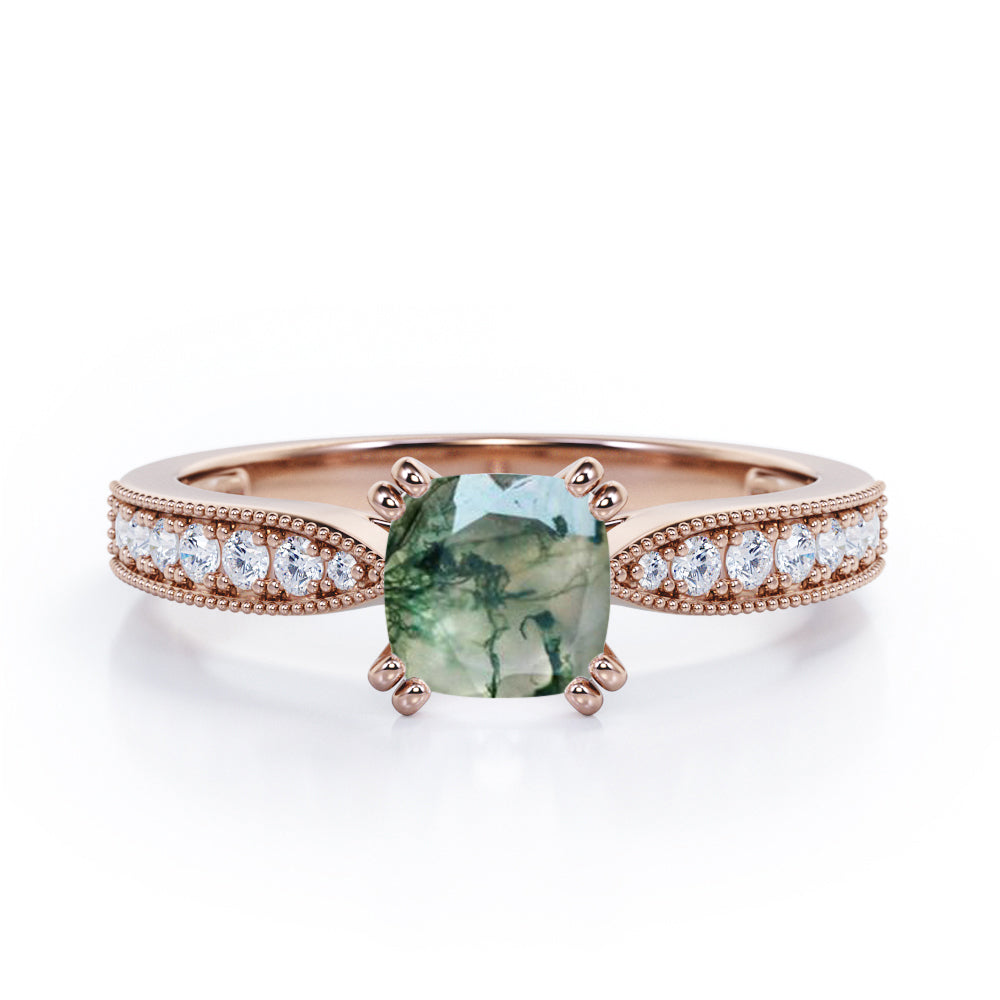 1.25 Ct Cushion Cut Moss Agate Milgrain Engagement Ring