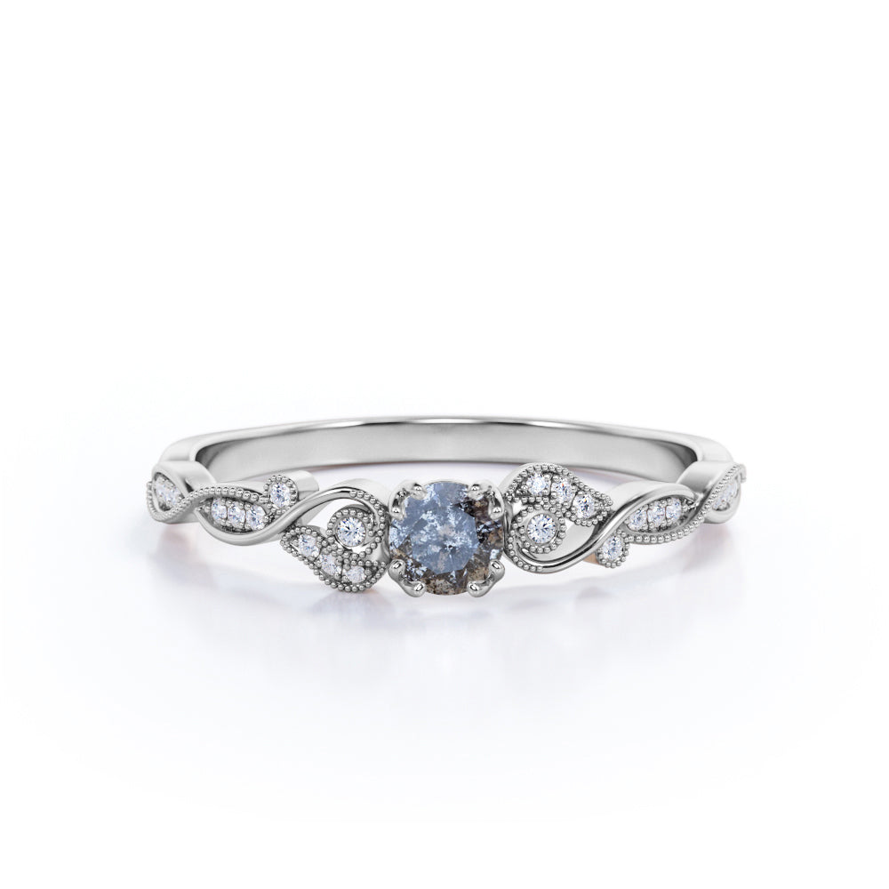 Leaf 0.50 Ct Round Salt and Pepper Diamond Engagement Ring