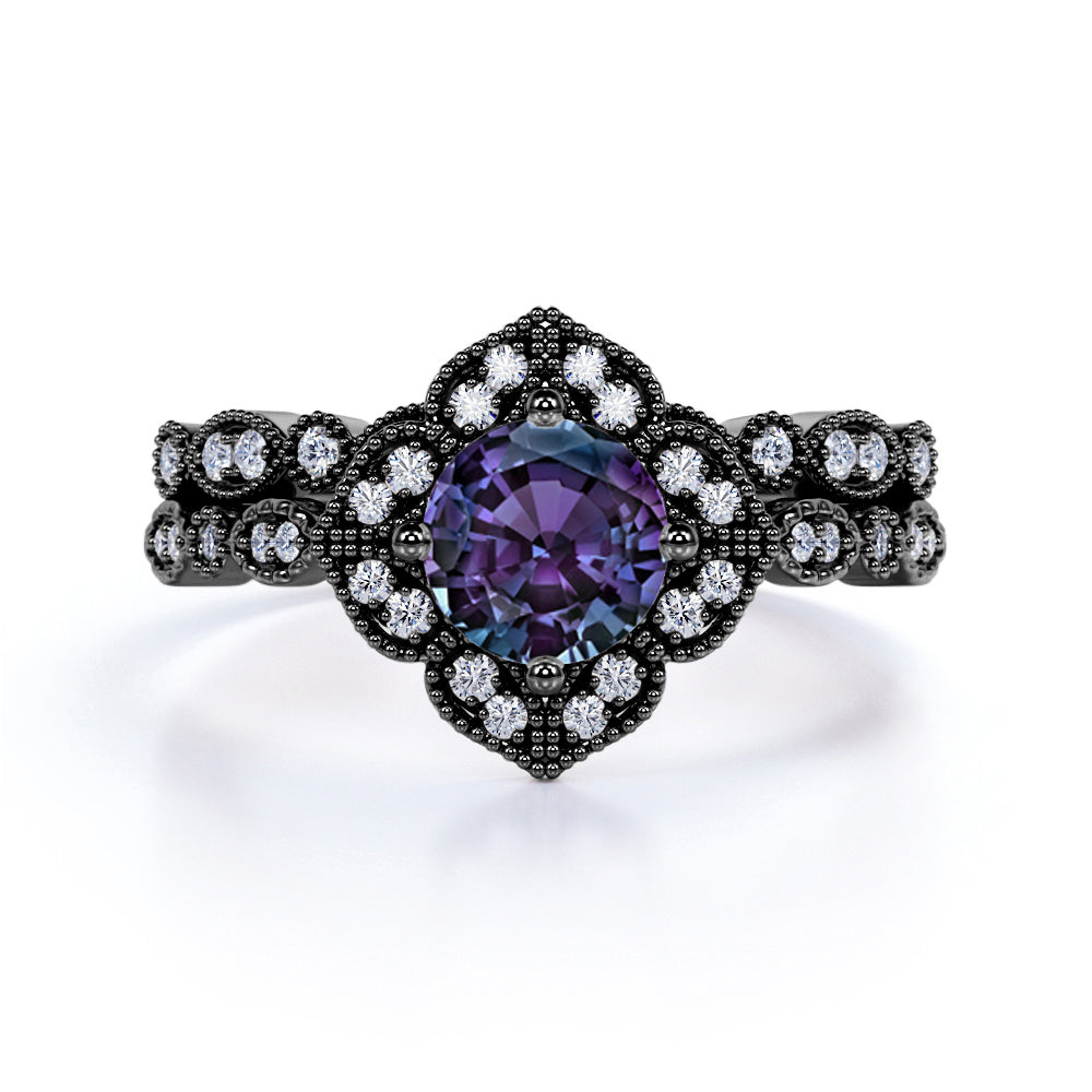1.50 Ct Round Lab Alexandrite Floral Bridal Set