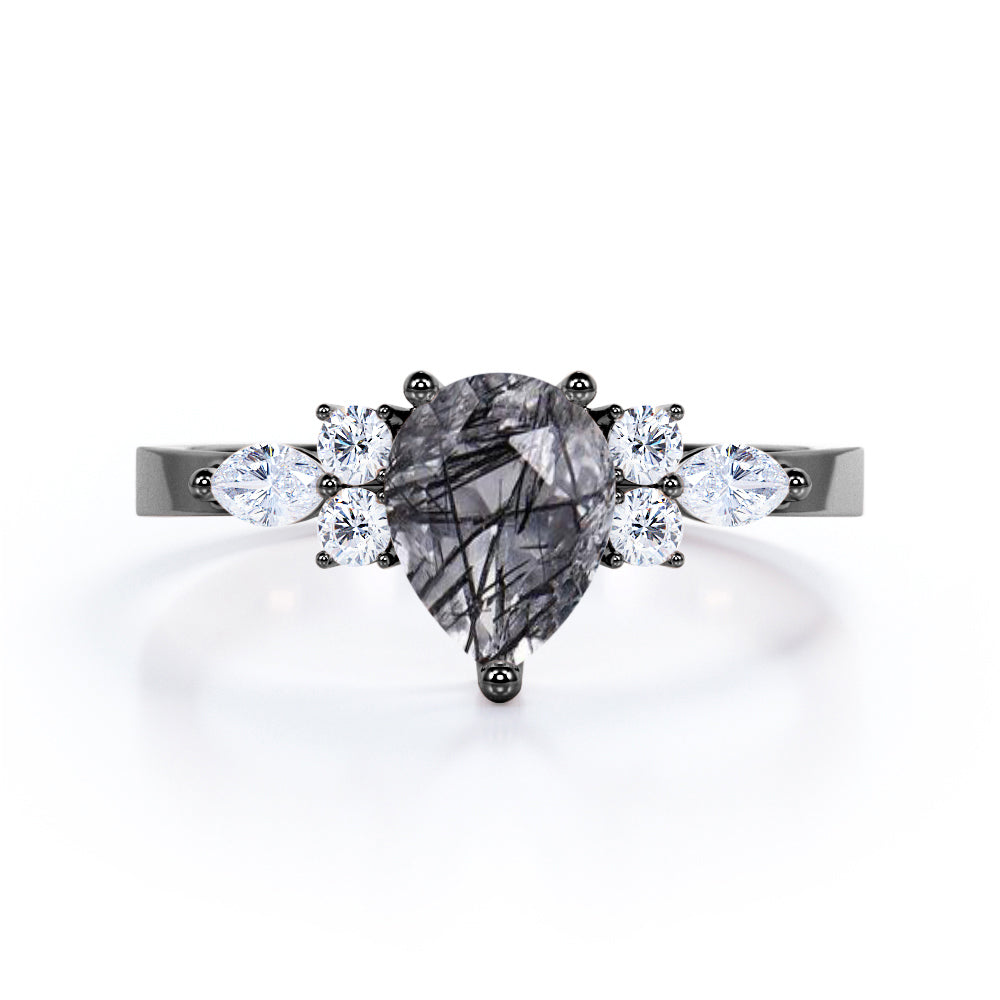 1.35 ct Pear Black Rutilated Quartz Seven Stone Engagement Ring