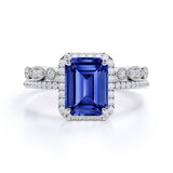 Classic Halo 2 Carat Emerald Cut Sapphire and Diamond Wedding Set with Art Deco Band in White Gold