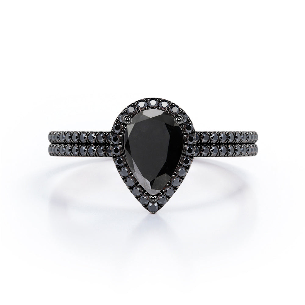 Scalloped Pave - 1.75 TCW Pear Shaped Lab Created Black Diamond - Halo Design Bridal Set in White Gold