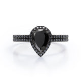 Scalloped Pave - 1.75 TCW Pear Shaped Lab Created Black Diamond - Halo Design Bridal Set in White Gold