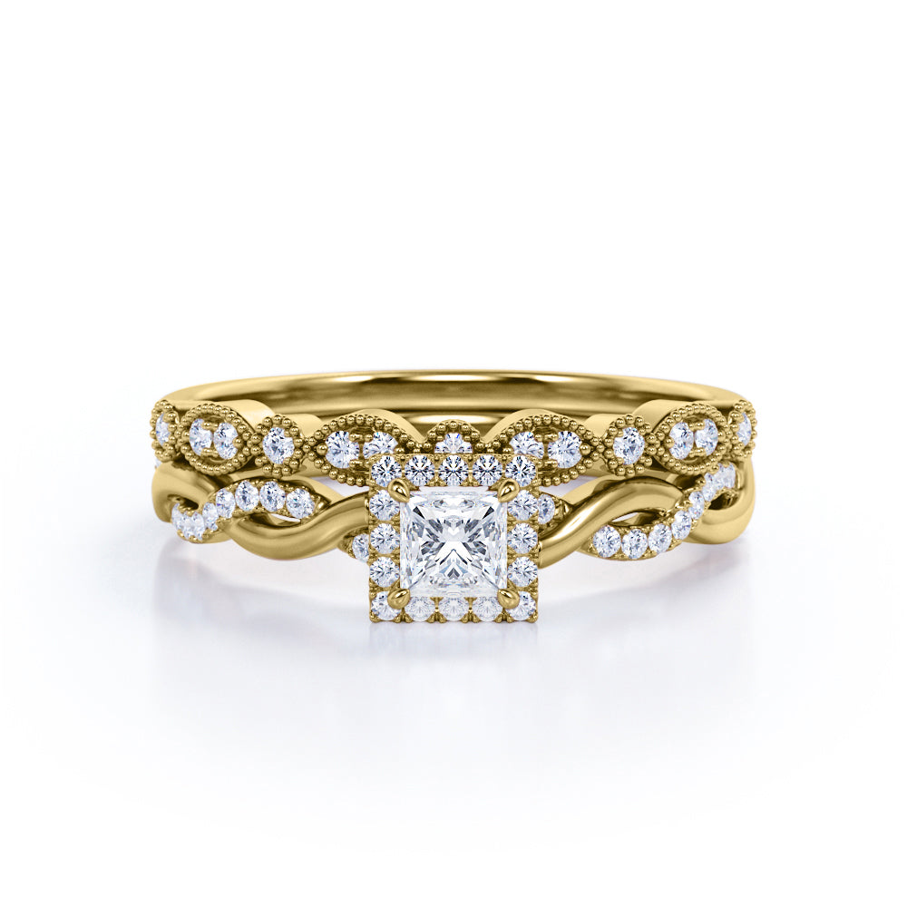 Art Deco Halo - 0.5 TCW Princess Cut Diamond - Semi Pave Crossover Wedding Set - 10K White Gold