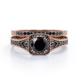 Filigree Pave Channel 1.6 TCW Round Lab Created Black Diamond Double Prong Cluster Wedding Set in White Gold