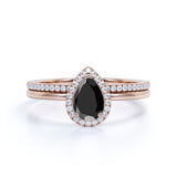 1.35 Carat Pear cut Lab Black Diamond Bridal Set with semi eternity wedding band in White Gold