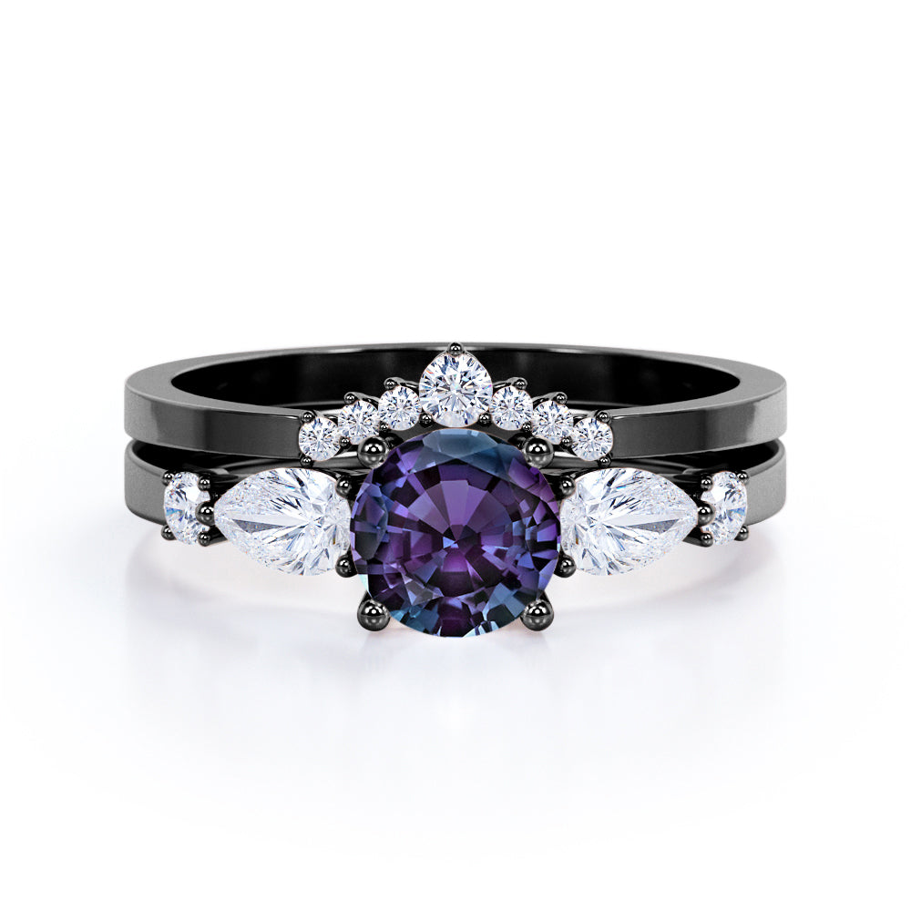 Affordable 1.45 Carat Round Cut Lab Created Alexandrite  And Diamond  Five Stone Wedding Ring Set In White Gold