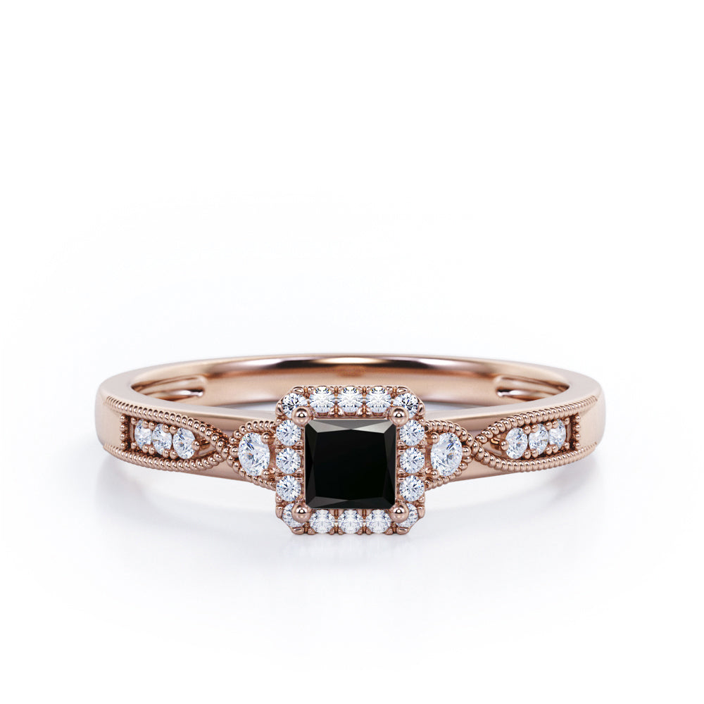 Infinity Milgrain - 1.15 Carat Princess Cut Black Diamond - Petite Pave Channel - Halo Engagement Ring in White Gold