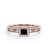 Infinity Milgrain - 1.15 Carat Princess Cut Black Diamond - Petite Pave Channel - Halo Engagement Ring in White Gold