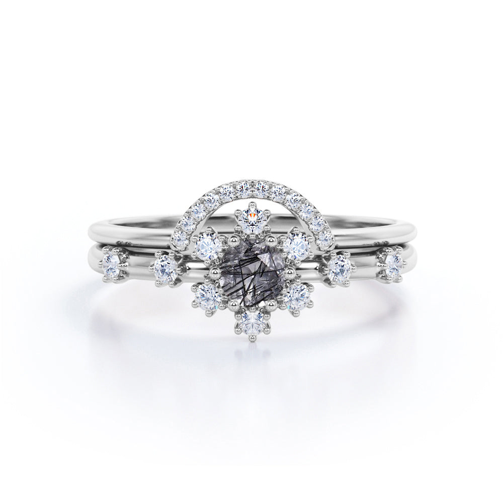 Modern Cluster 0.75 Carat Round Cut Dendritic Black Rutilated Quartz and Diamond Snowflake Bridal Set Rings