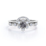 Modern Cluster 0.75 Carat Round Cut Dendritic Black Rutilated Quartz and Diamond Snowflake Bridal Set Rings