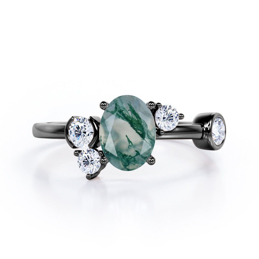 Unique 1 carat Oval Five Stone Ring With Petite Moss Green Agate and Diamond in White Gold