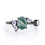 Unique 1 carat Oval Five Stone Ring With Petite Moss Green Agate and Diamond in White Gold
