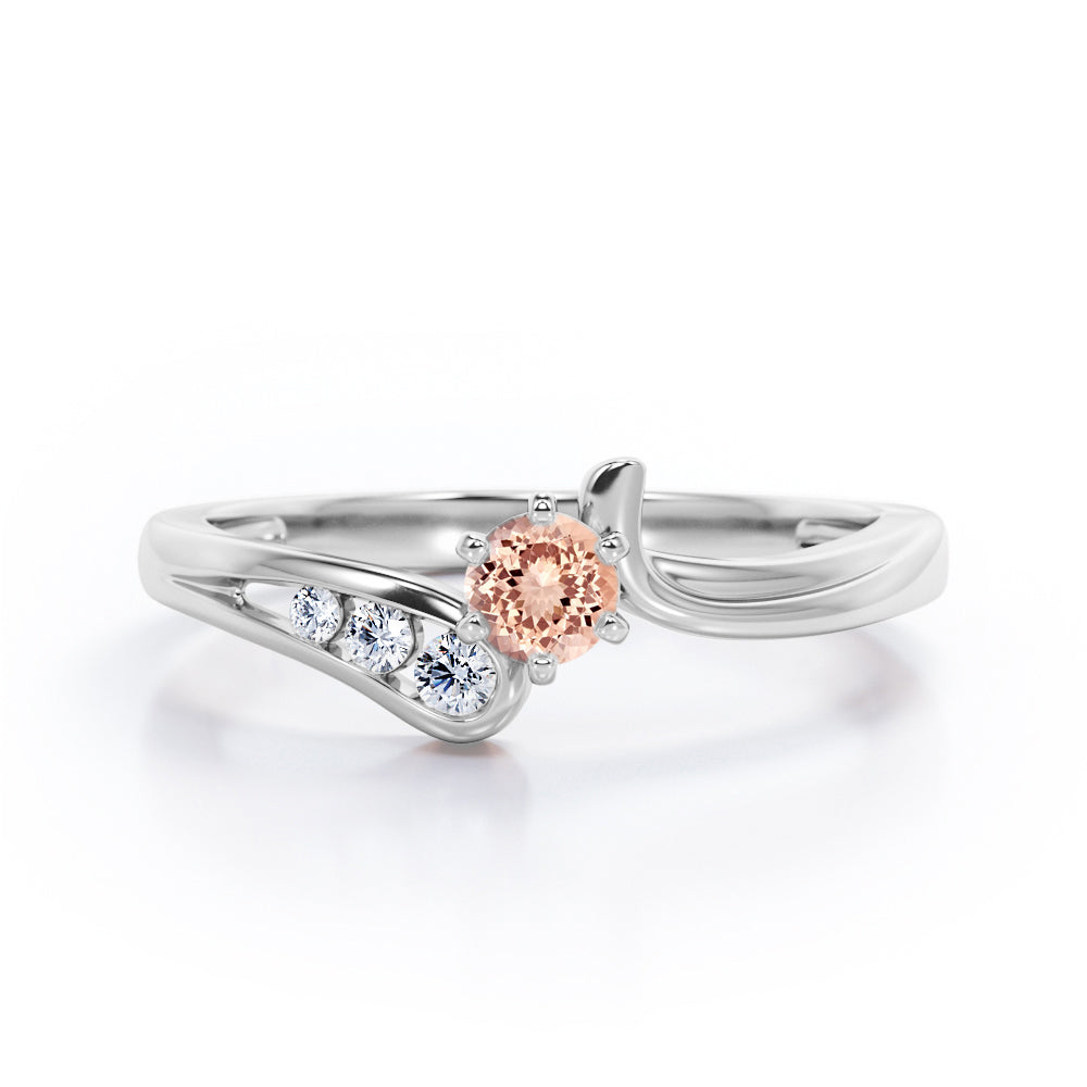 Curved Band - Six Prongs 0.5 carat Round Morganite and Moissanite Artistic Engagement Ring in Rose Gold