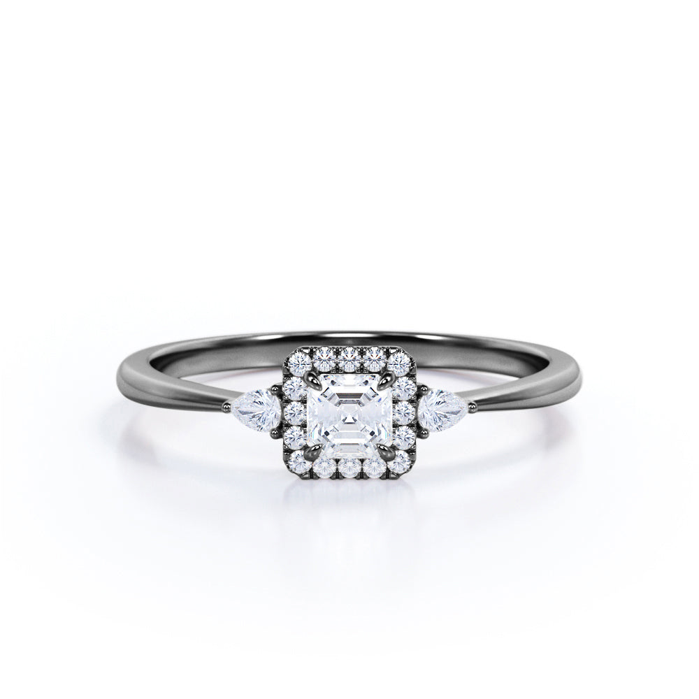 Trilogy 1 carat Asscher Cut Moissanite and Diamond Engagement Ring, Birthday Gift, Anniversary - in White Gold