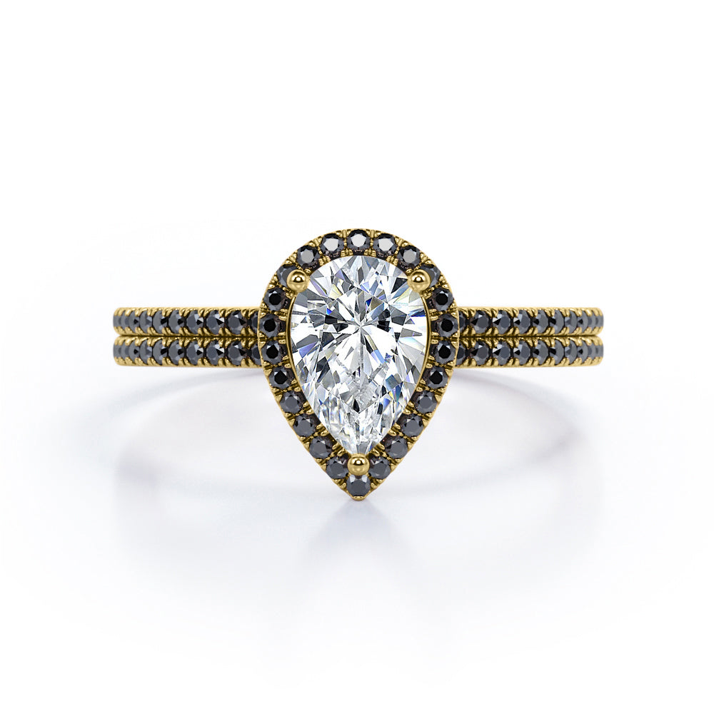 Scalloped Pave - 1.75 TCW Pear Shaped Moissanite with Lab Created Black Diamond - Halo Design Bridal Set in Rose Gold