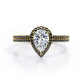 Scalloped Pave - 1.75 TCW Pear Shaped Moissanite with Lab Created Black Diamond - Halo Design Bridal Set in Rose Gold