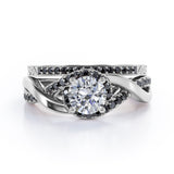 Filigree Tension-Halo 1.5 TCW Round Shape Moissanite with Lab Created Black Diamond Twisted Half Pave Wedding Set in Black Gold